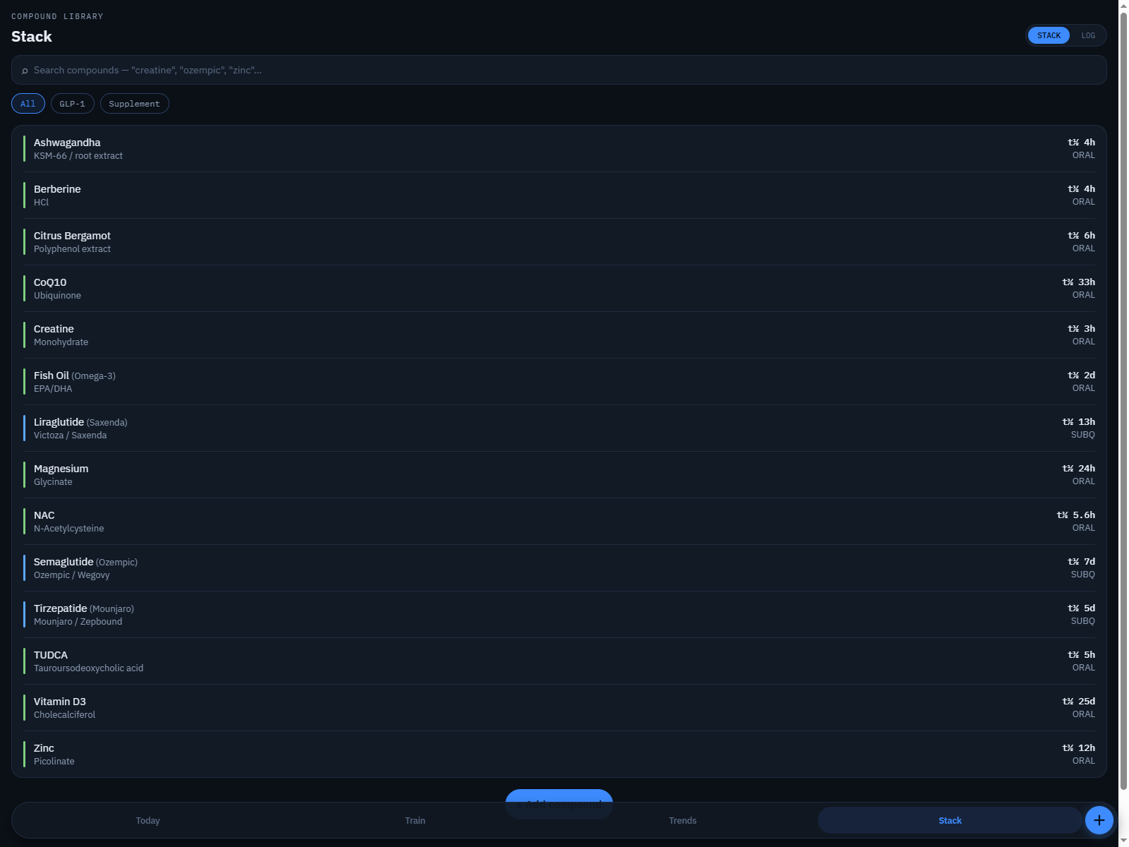 APEX library screen listing supplements and prescription GLP-1 medications, each with its route and half-life