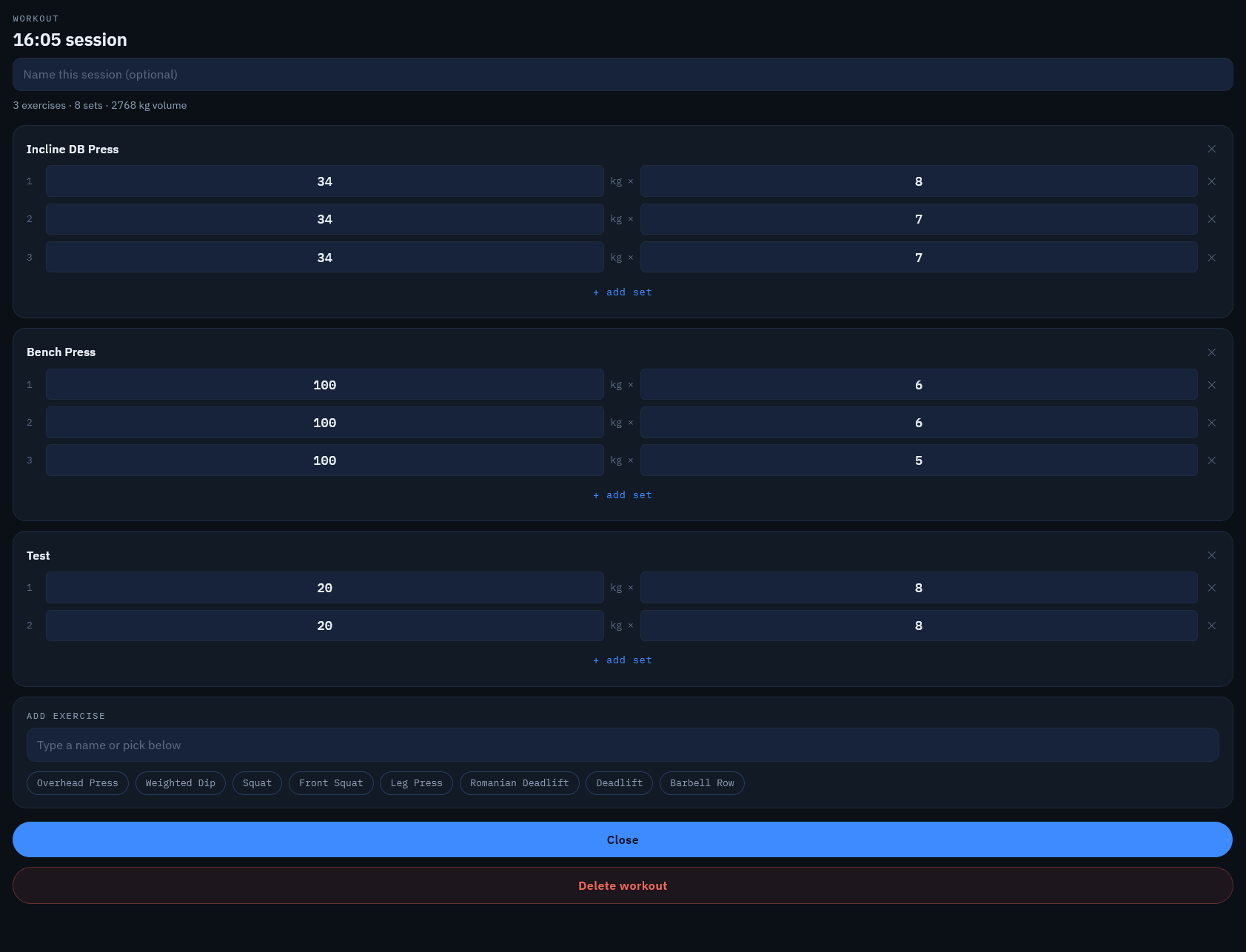 APEX workout logger showing exercises, sets, weight and reps with a session volume total