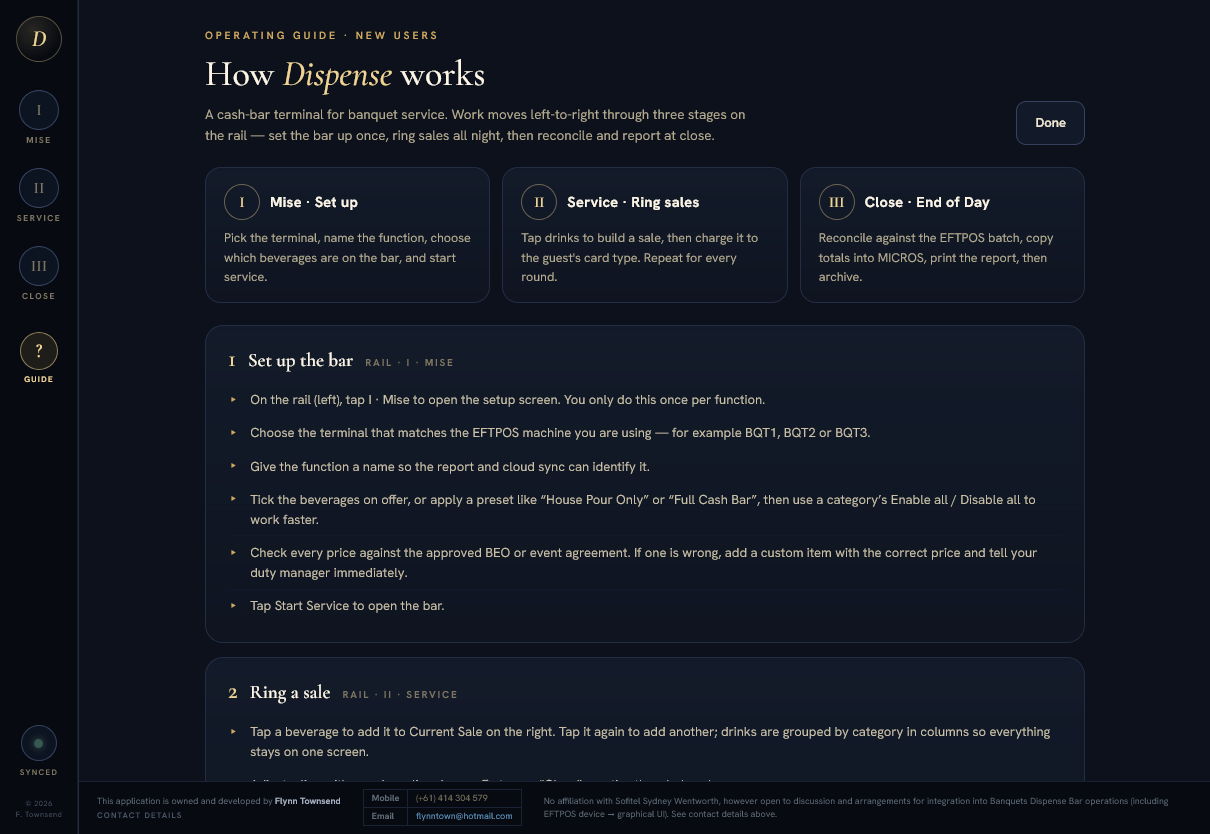 In-app operating guide walking a new user through the mise, service and close stages