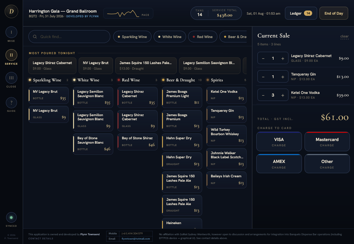 Dispense service screen: beverages grouped by category on the left, current sale and card charge on the right